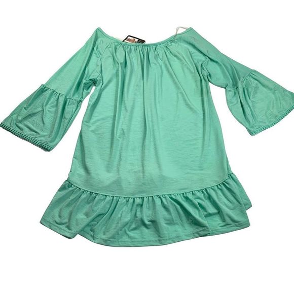 Win Win Women’s Sz XL crochet neckline tunic 3/4 bell sleeve Stretchy top - Picture 3 of 9